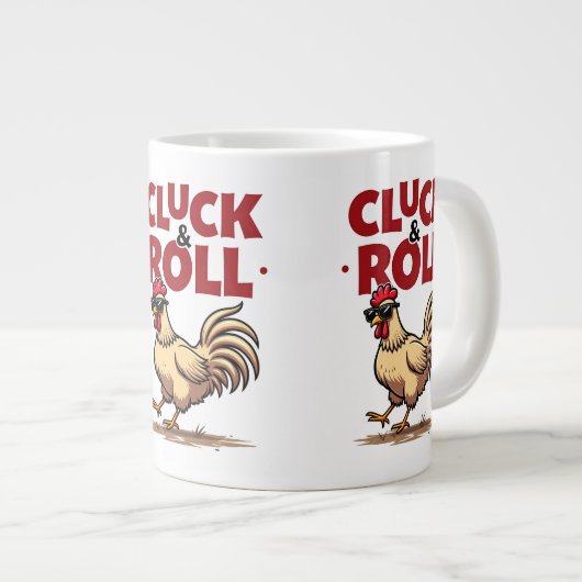 Grappig "Cluck & Roll" Cool Rooster Cartoon ontwer Grote Koffiekop (Voorkant rechts)