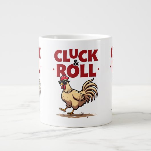 Grappig "Cluck & Roll" Cool Rooster Cartoon ontwer Grote Koffiekop (Voorkant)