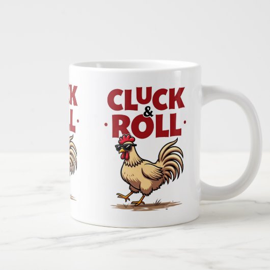 Grappig "Cluck & Roll" Cool Rooster Cartoon ontwer Grote Koffiekop (Rechts)