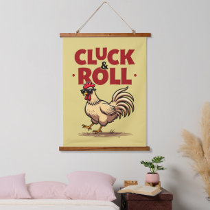 Grappig "Cluck & Roll" Cool Rooster Cartoon ontwer Hangend Wandkleed