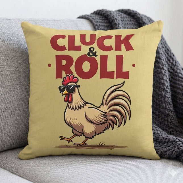 Grappig "Cluck & Roll" Cool Rooster Cartoon ontwer Kussen (Funny Cluck & Roll Cool Rooster Cartoon Design Throw Pillow  Mockup A)