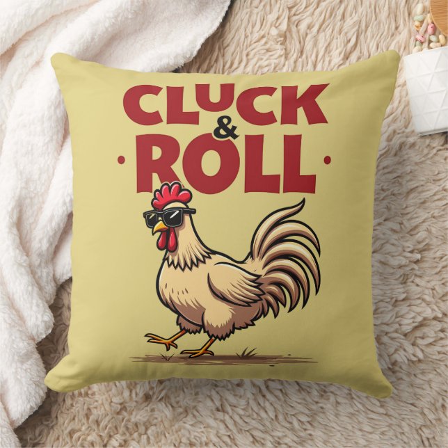 Grappig "Cluck & Roll" Cool Rooster Cartoon ontwer Kussen (Deken)
