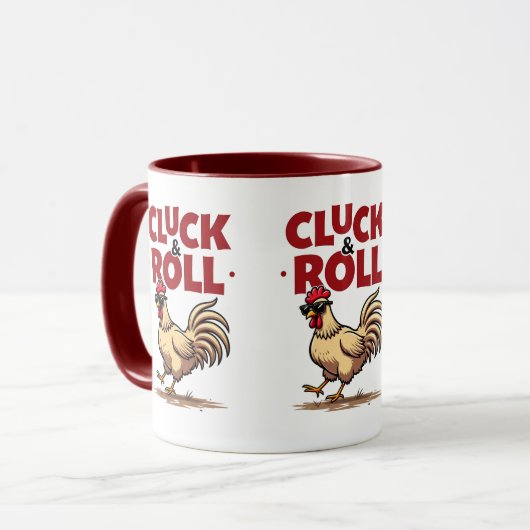 Grappig "Cluck & Roll" Cool Rooster Cartoon ontwer Mok (Voorkant links)