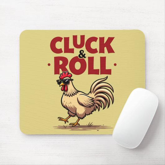 Grappig "Cluck & Roll" Cool Rooster Cartoon ontwer Muismat (Met muis)