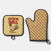 Grappig "Cluck & Roll" Cool Rooster Cartoon ontwer Ovenwant & Pannenlap Set (Voorkant)