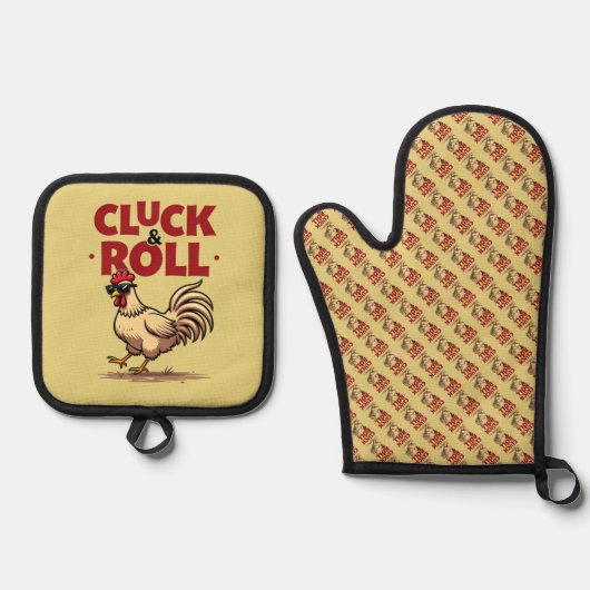 Grappig "Cluck & Roll" Cool Rooster Cartoon ontwer Ovenwant & Pannenlap Set (Voorkant)