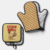 Grappig "Cluck & Roll" Cool Rooster Cartoon ontwer Ovenwant & Pannenlap Set (Voorkant / Achterkant)