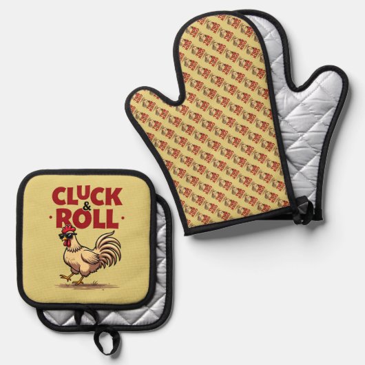 Grappig "Cluck & Roll" Cool Rooster Cartoon ontwer Ovenwant & Pannenlap Set (Voorkant / Achterkant)