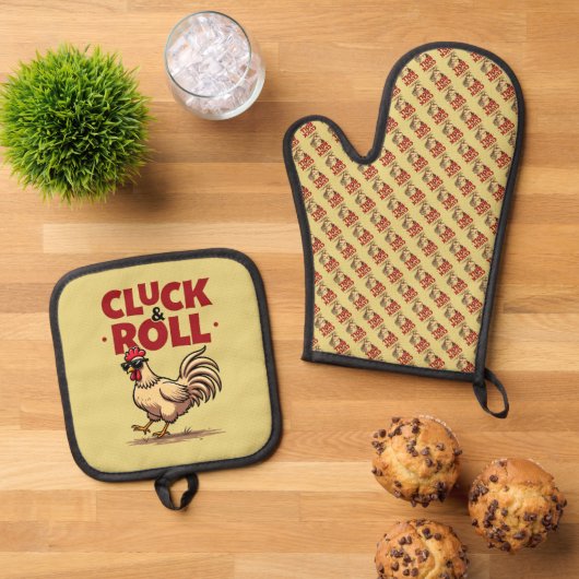 Grappig "Cluck & Roll" Cool Rooster Cartoon ontwer Ovenwant & Pannenlap Set (Top down)