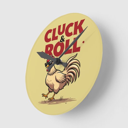 Grappig "Cluck & Roll" Cool Rooster Cartoon ontwer Ronde Klok (Hoek)