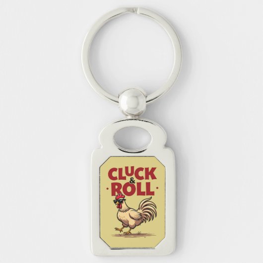 Grappig "Cluck & Roll" Cool Rooster Cartoon ontwer Sleutelhanger (Voorkant)