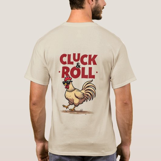 Grappig "Cluck & Roll" Cool Rooster Cartoon ontwer T-shirt (Achterkant)