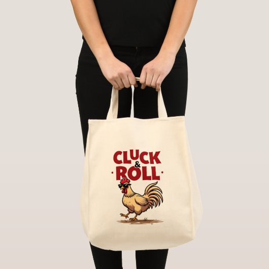 Grappig "Cluck & Roll" Cool Rooster Cartoon ontwer Tote Bag (Voorkant (product))