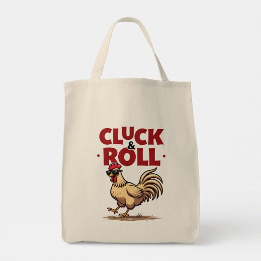 Grappig "Cluck & Roll" Cool Rooster Cartoon ontwer Tote Bag (Achterkant)