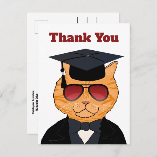 Grappig Cool Cat Cartoon Afstuderen Bedankt Aankondigingskaart (Voorkant / Achterkant)