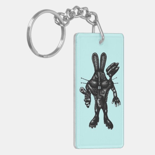 Grappig coole cyborg bunny pen inkt tekening kunst sleutelhanger (Voorkant Links)