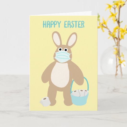 Grappig Coronavirus Paashaas met Masker Kaart (Gele Bloem)