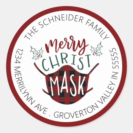 Grappig COVID-19 MERRY ChristMASK Retouradres Ronde Sticker (Voorkant)
