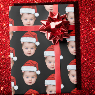 Grappig Custom Baby Face Foto Santa Head Xmas Zwar Cadeaupapier
