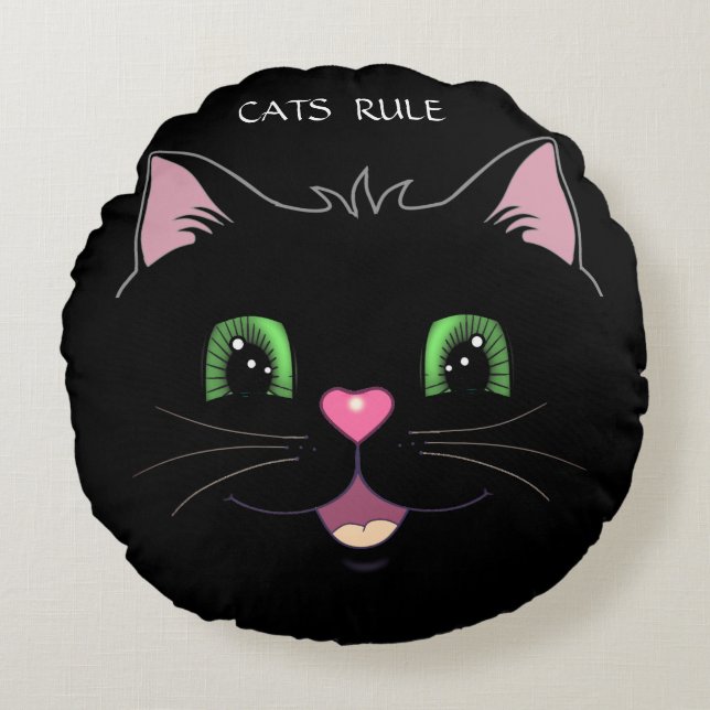 Grappig cute kattengezicht op zwart rond kussen (Voorkant)