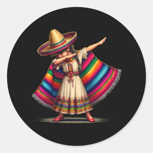 Grappig Dabbing Mexicaanse Poncho Sombrero Cinco d Ronde Sticker (Voorkant)