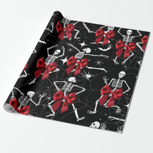 Grappig Dancing Skelton en Red Bow Wrapping Paper Cadeaupapier (Uitgerold)