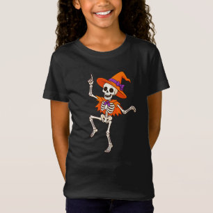 Grappig Dansend Skelet met Oranje Heksenhoed Hallo T-shirt
