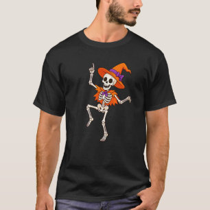 Grappig Dansend Skelet met Oranje Heksenhoed Hallo T-shirt