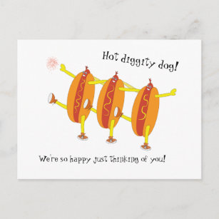 Grappig dansende hotdogs vieren liefde. briefkaart