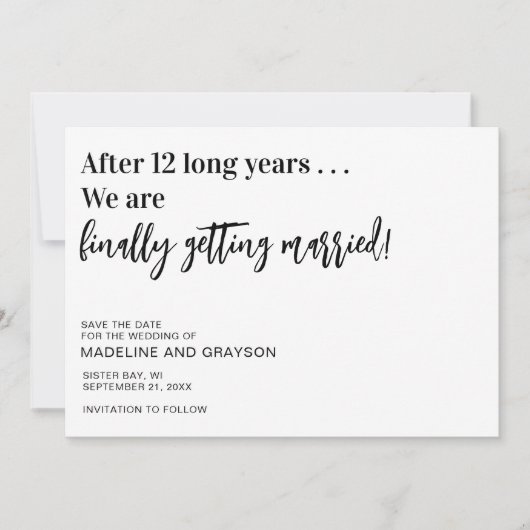 Grappig dat je eindelijk de datum verdeelt save the date (Voorkant)