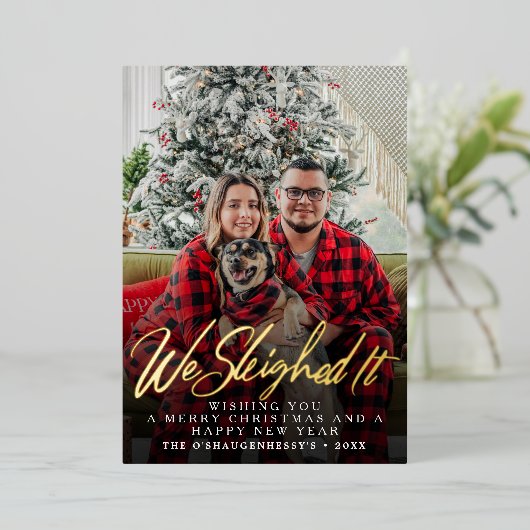 Grappig dat we het script kerstfoto hebben gemaakt folie feestdagenkaart (Staand Voorkant)