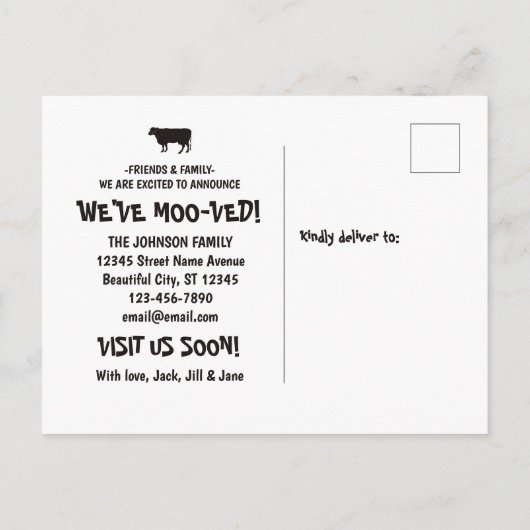 Grappig dat we Koe Herd New Home Adres verplaatsen Aankondigingskaart (Achterkant)