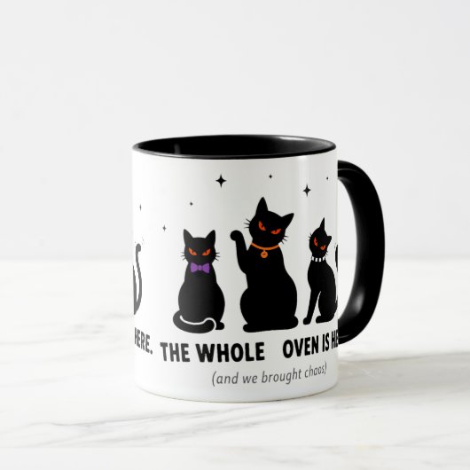 Grappig De hele coven is hier Zwarte katten Hallow Mok (Voorkant rechts)
