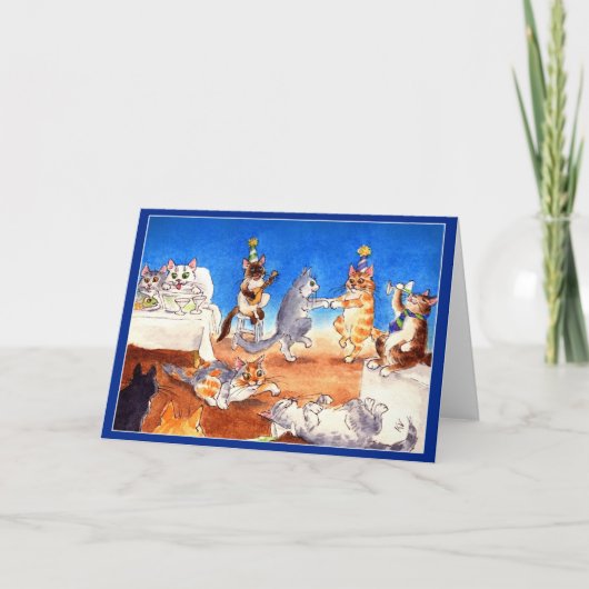 Grappig de partijwenskaart van Kerstmis van de Kat Feestdagen Kaart (Voorkant)