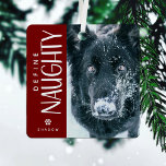 Grappig Definieer Naughty Pet Foto Keepsake Gift Metalen Ornament<br><div class="desc">Deze grappige fotoreportage met kerstversiering zou het perfecte cadeau zijn voor een huisdiereigenaar dit vakantieseizoen! Het ontwerp is voorzien van een foto van uw keuze,  de leuke typografie Definieer Naughty,  een schattige pootafdruk en de namen van de huisdieren. De feestelijke donkerrode achtergrond kan worden gewijzigd in elke kleur.</div>