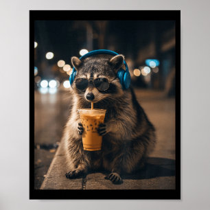 Grappig dier meme wasbeer drinken ijskoude koffie poster