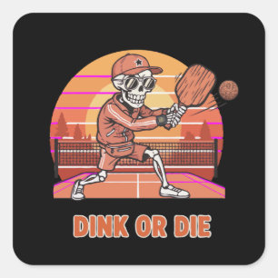 Grappig Dink of Sterf Pickleball Skelet Retro Spel Vierkante Sticker