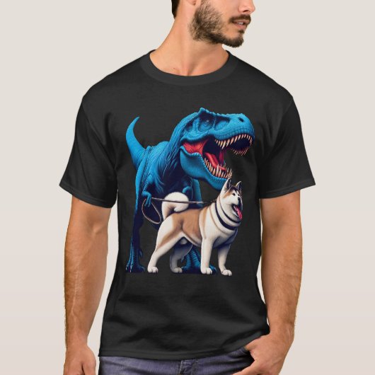 Grappig Dinosaur Akita Walking Hondenliefhebber T-shirt (Voorkant)