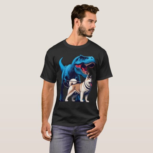 Grappig Dinosaur Akita Walking Hondenliefhebber T-shirt (Voorkant volledig)