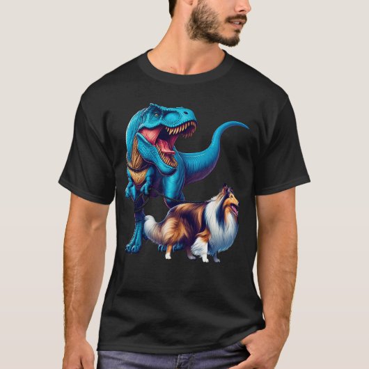 Grappig Dinosaur Collie Walking Hondenliefhebber T-shirt (Voorkant)