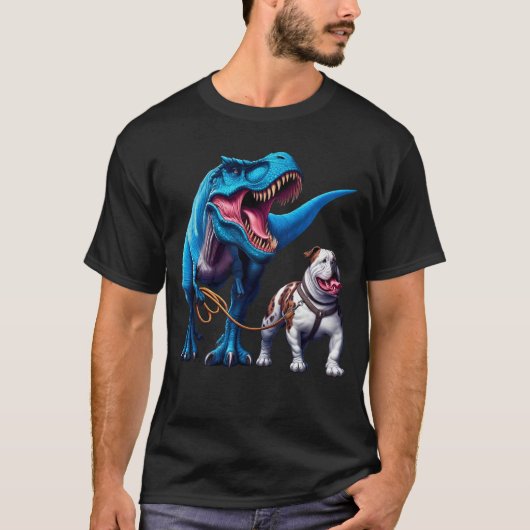 Grappig Dinosaurus Amerikaanse Bulldog Walking Hon T-shirt (Voorkant)