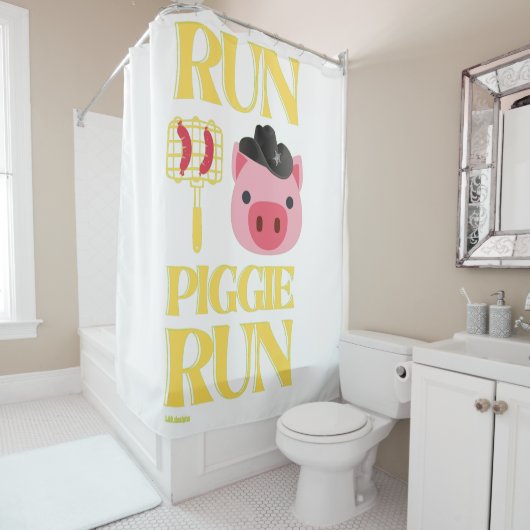 grappig douchegordijn "RUN PIGGIE" (In situ)