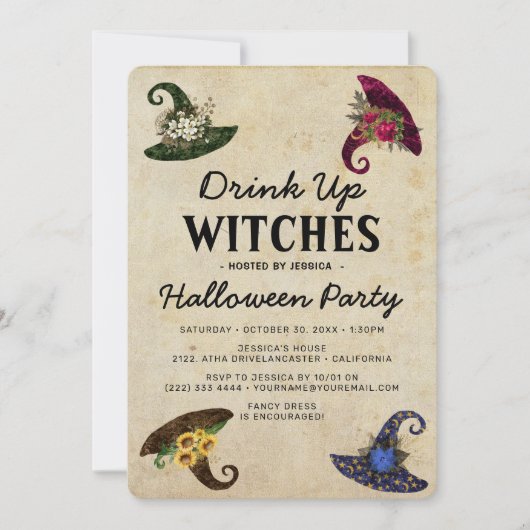 Grappig 'Drink-up-heks' Adult Halloween Party Kaart (Voorkant)