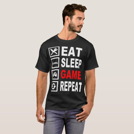 Grappig Eat Sleep Game Herhaal T voor Video Games T-shirt (Voorkant volledig)