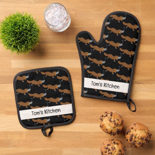 Grappig eendenbekvogelbekdier (naam) ovenwant & pannenlap set (Top down)