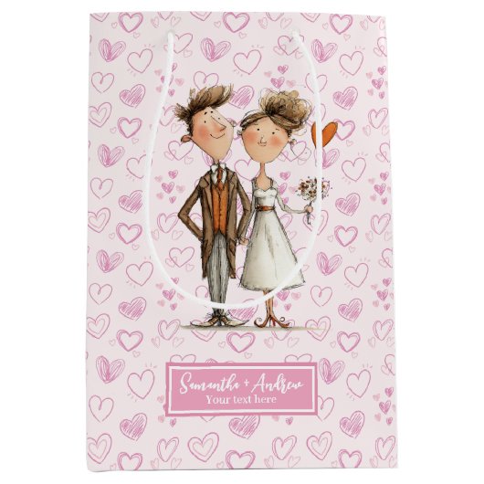 Grappig Eigenzinnig Trouwpaar Gift Bag Custom Naam Medium Cadeauzakje (Voorkant)
