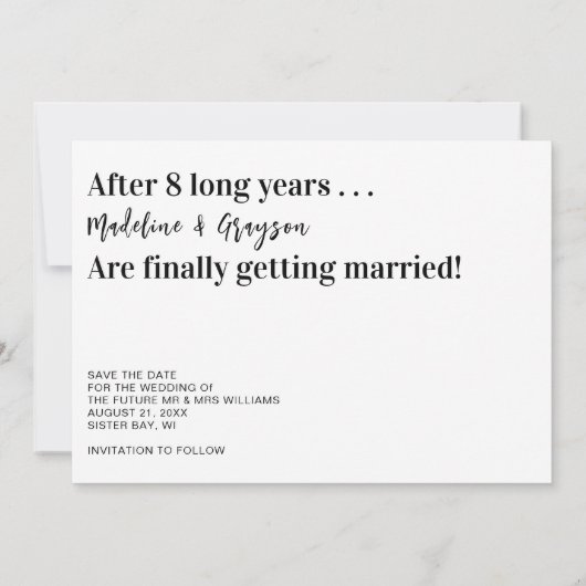 Grappig eindelijk trouwen bruiloft save the date (Achterkant)