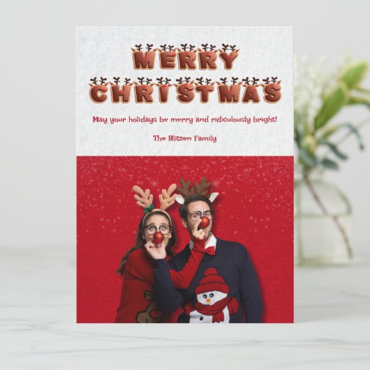 Grappig en feestelijk rendierpaar Foto Kerstmis Feestdagenkaart (Staand voorkant)