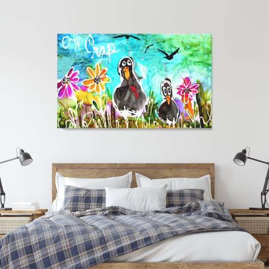 Grappig en kleurrijk Oh Crap Crows Canvas (Insitu (Slaapkamer))