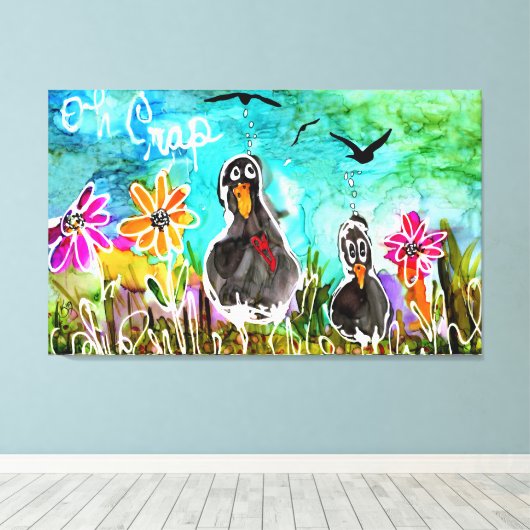 Grappig en kleurrijk Oh Crap Crows Canvas Afdruk (Insitu (Houten vloer))